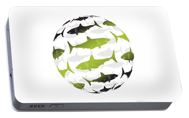 Shark Portable Battery Charger featuring the painting Swimming Green Sharks Around the Globe by Amy Kirkpatrick