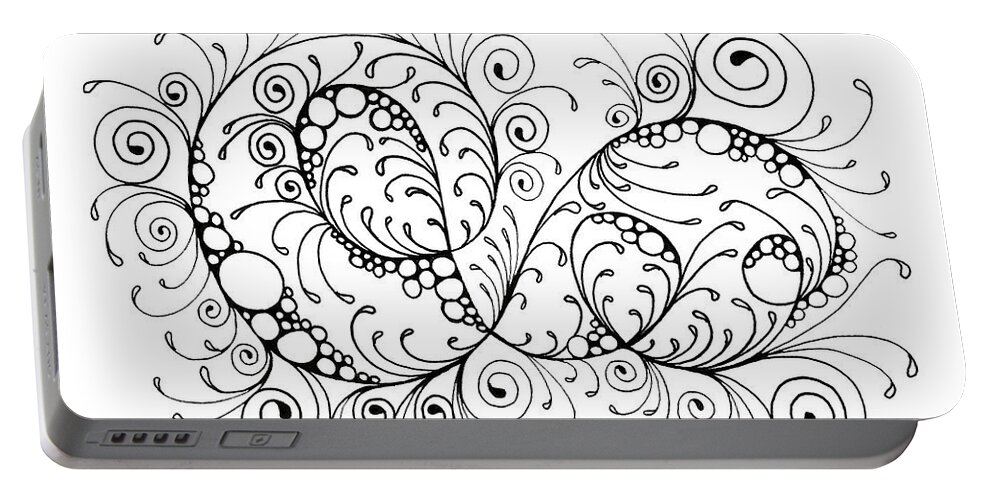 Black And White Portable Battery Charger featuring the drawing Swirl Haven - Horizontal by Cindy Angiel