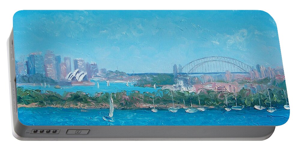 Sydney Harbour Portable Battery Charger featuring the painting Sydney Harbour and the Opera House by Jan Matson by Jan Matson