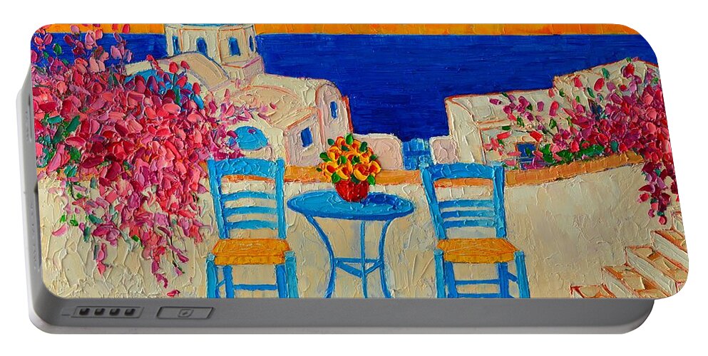 Greece Portable Battery Charger featuring the painting Table For Two In Santorini Greece by Ana Maria Edulescu