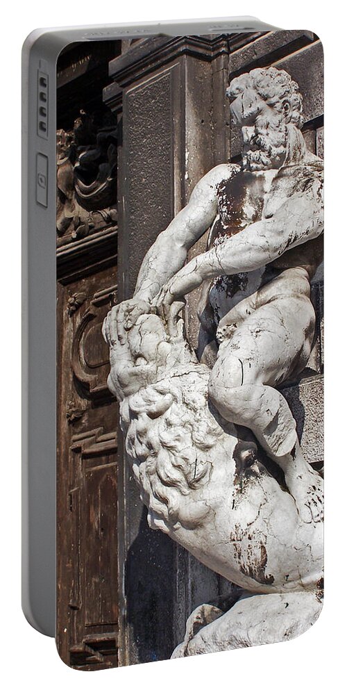 Statue Of Nude Man And Lion Portable Battery Charger featuring the photograph Taken by Force by Jennifer Robin