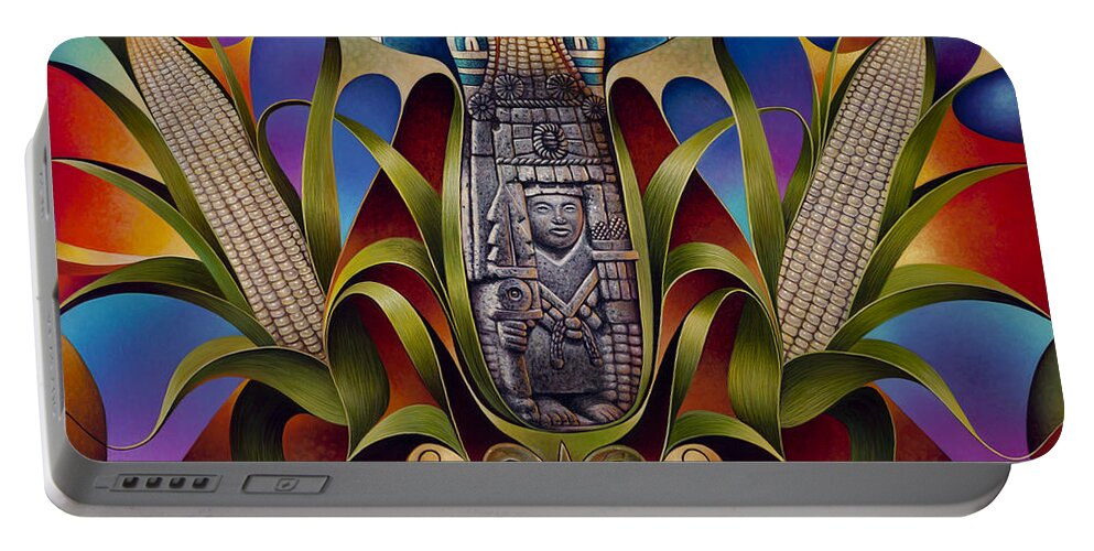 Aztec Portable Battery Charger featuring the painting Tapestry of Gods - Chicomecoatl by Ricardo Chavez-Mendez