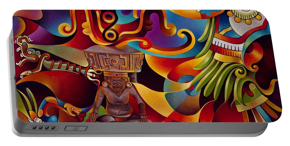Aztec Portable Battery Charger featuring the painting Tapestry of Gods - Huehueteotl by Ricardo Chavez-Mendez