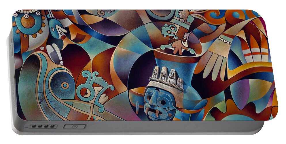 Aztec Portable Battery Charger featuring the painting Tapestry of Gods - Tlaloc by Ricardo Chavez-Mendez