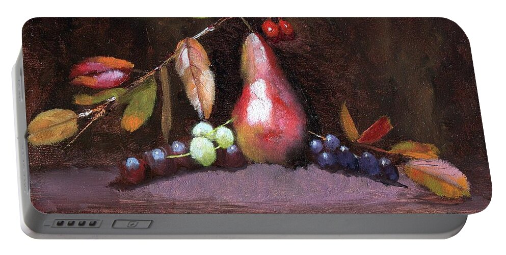  Still Life Of Vivid Fall Colors Surrounding Golden Pear Portable Battery Charger featuring the painting Taste of Fall by Ruben Carrillo