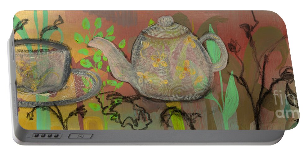 Teapot Portable Battery Charger featuring the painting Tea Blossoms by Robin Pedrero