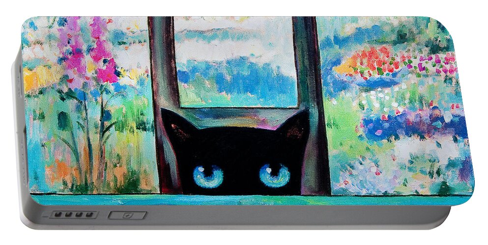 Cat Portable Battery Charger featuring the painting Tea Time Kitty by Shijun Munns