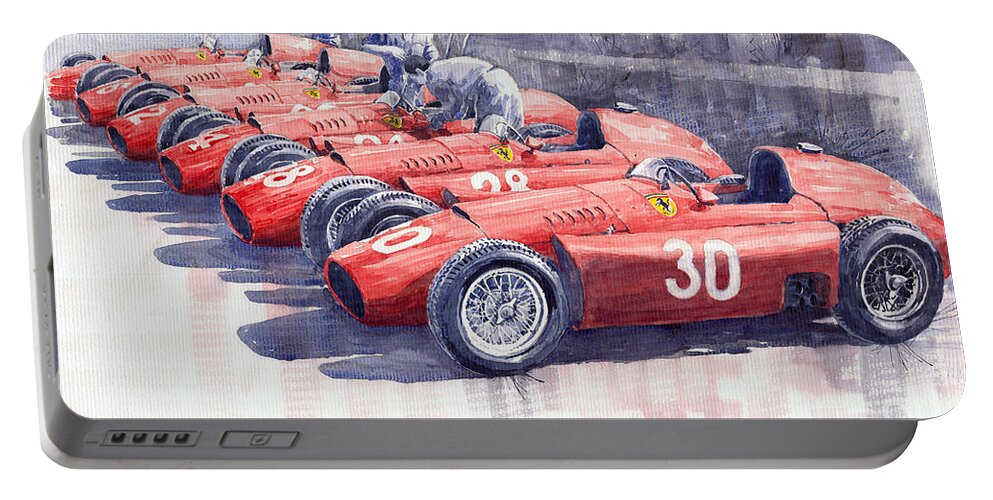 Watercolour Portable Battery Charger featuring the painting 1956 Team Lancia Ferrari D50 type C 1956 Italian GP by Yuriy Shevchuk