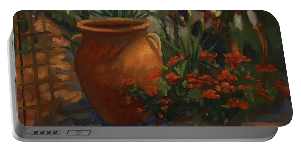 Contemporary Floral Portable Battery Charger featuring the painting Terra Cotta Garden by Maria Hunt