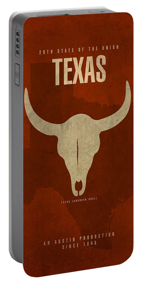 Texas Portable Battery Charger featuring the mixed media Texas State Facts Minimalist Movie Poster Art by Design Turnpike