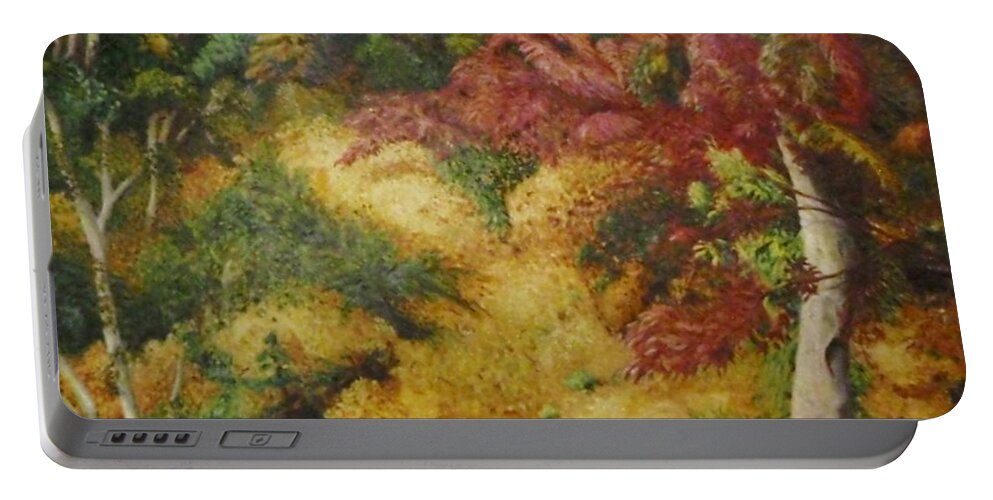 Japan Forest Fall Colors Maple Trees Portable Battery Charger featuring the painting Textures of a Japanese Forest by Jeff Troeltzsch