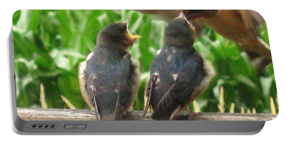 Baby Portable Battery Charger featuring the painting The Adult Barn Swallow Arrives with Lunch for One by J McCombie