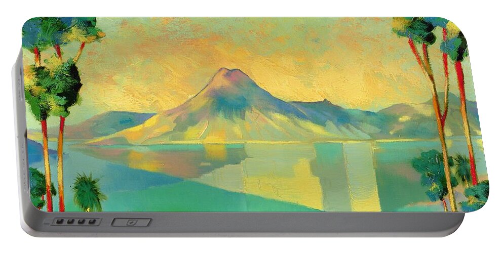 Lake Atitlan Portable Battery Charger featuring the painting The Art of Long Distance breathing by Andrew Hewkin