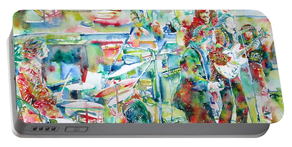 Beatles Portable Battery Charger featuring the painting THE BEATLES ROOFTOP CONCERT - watercolor painting by Fabrizio Cassetta