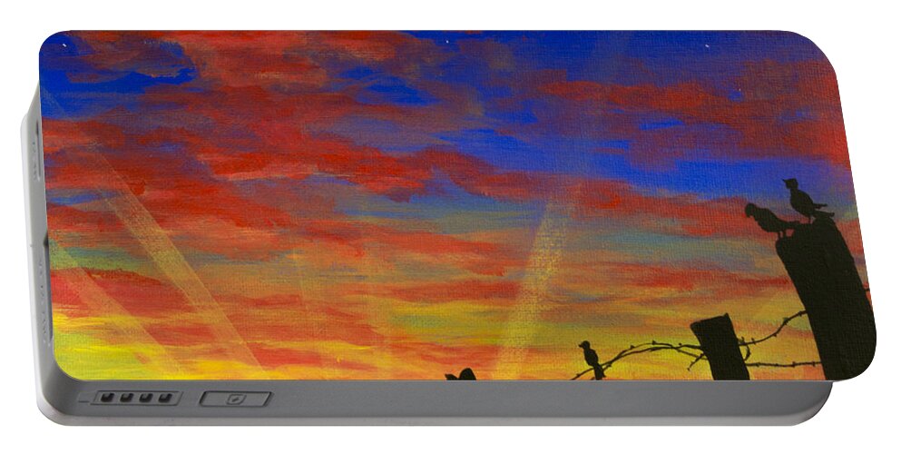 Barbwire Fence Portable Battery Charger featuring the painting The Birds - Red Sky at Night by Jack Malloch
