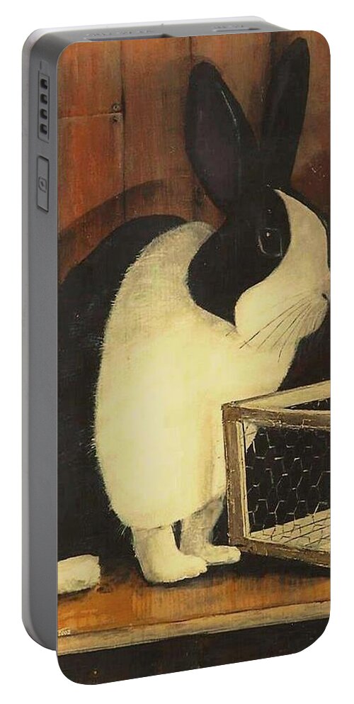 Images Portable Battery Charger featuring the painting The Black and White Dutch Rabbit 2 by Diane Strain