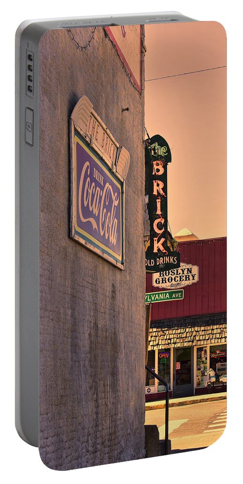 Pub Sign Portable Battery Charger featuring the photograph The Brick at Sunset by Cathy Anderson