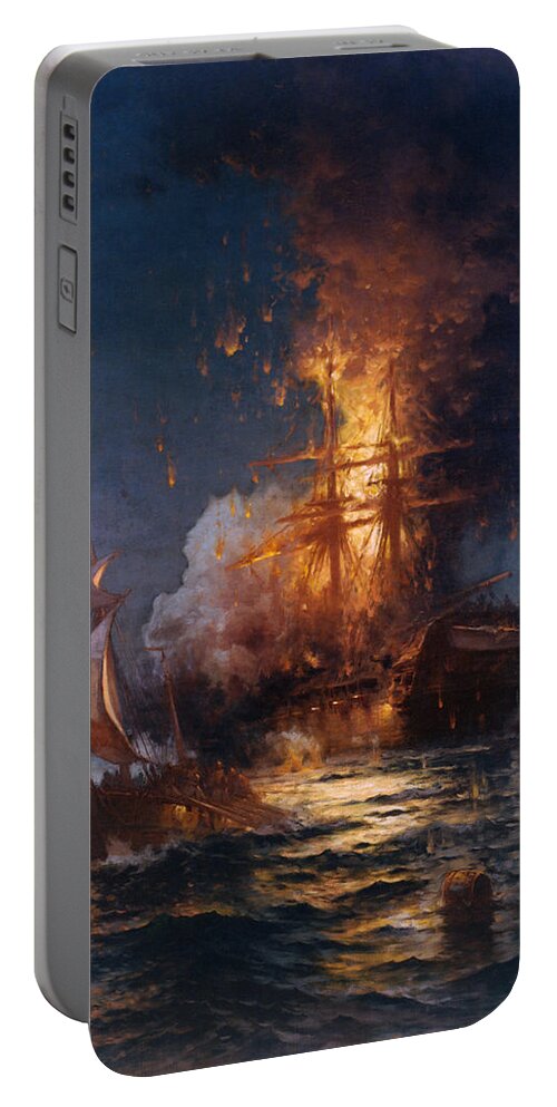 Edward Moran Portable Battery Charger featuring the digital art The Burning of the Philadelphia by Edward Moran