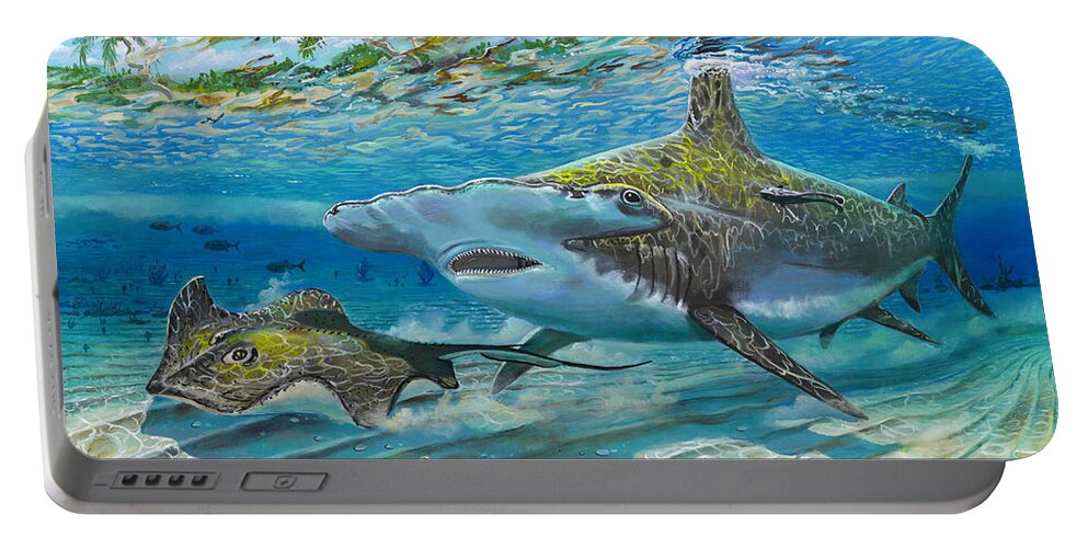 Shark Portable Battery Charger featuring the painting The Chase by Carey Chen