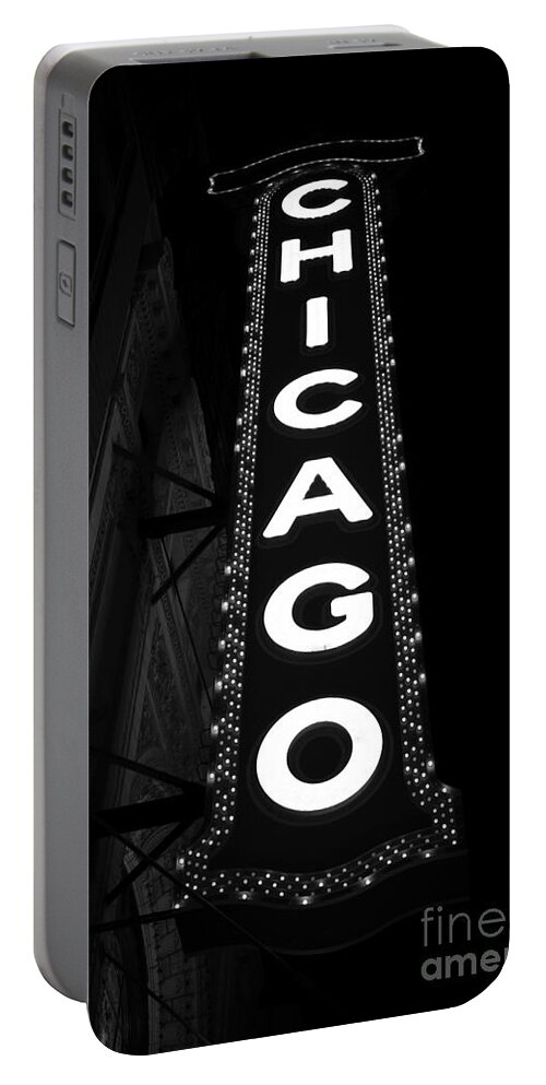 America Portable Battery Charger featuring the photograph The Chicago Theater Sign im Black and White by Paul Velgos