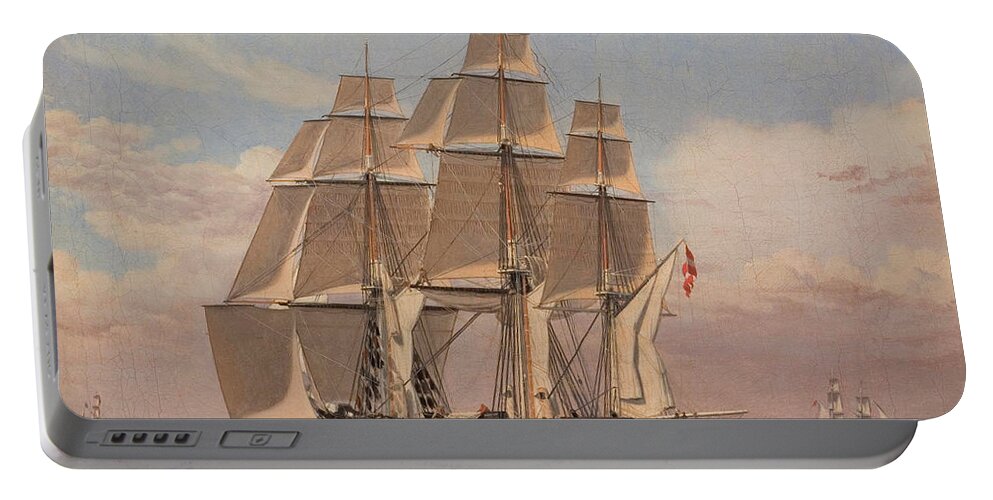 Christoffer Wilhelm Eckersberg Portable Battery Charger featuring the painting The corvette Najaden under sail by Christoffer Wilhelm Eckersberg