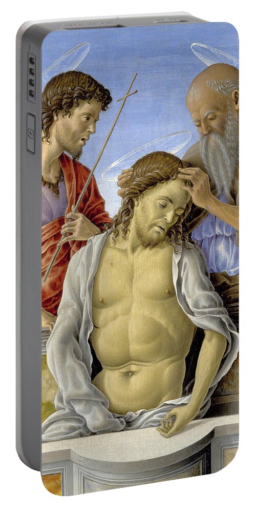 Marco Zoppo Portable Battery Charger featuring the painting The Dead Christ supported by Saints by Marco Zoppo