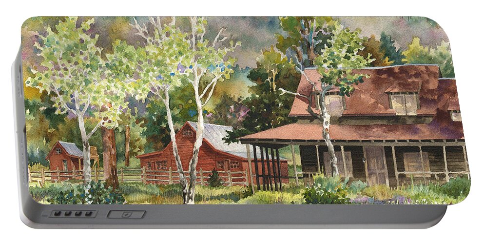 Barn Painting Portable Battery Charger featuring the painting The DeLonde Homestead at Caribou Ranch by Anne Gifford