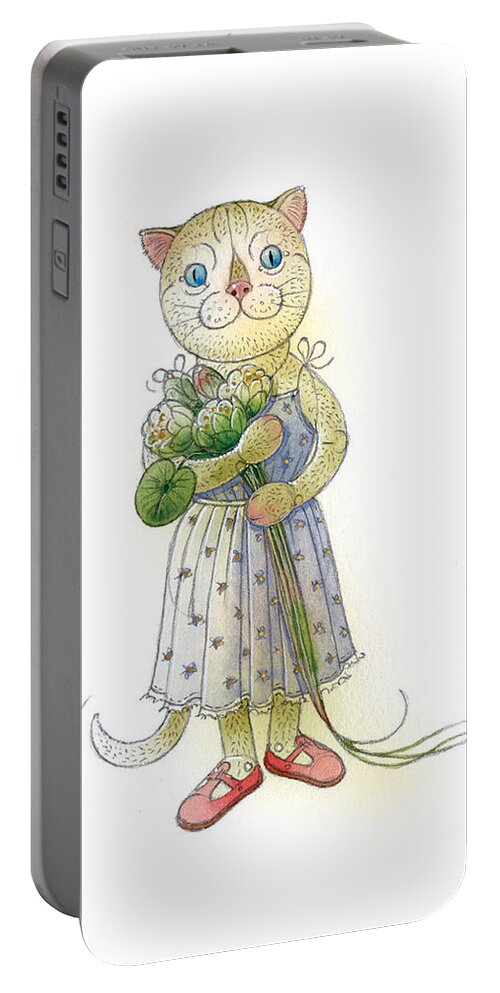 Cat Flowers Blue Greeting Card Portable Battery Charger featuring the painting The Dream Cat 01 by Kestutis Kasparavicius