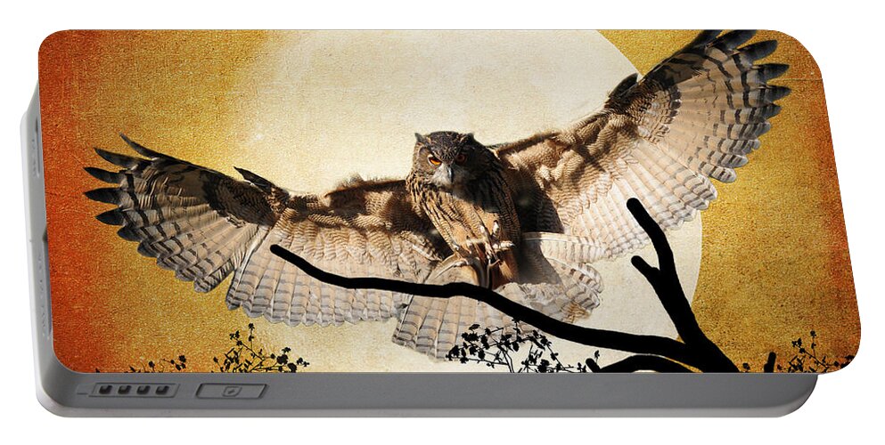 Textures Portable Battery Charger featuring the photograph The Eurasian Eagle Owl And The Moon by Kathy Baccari