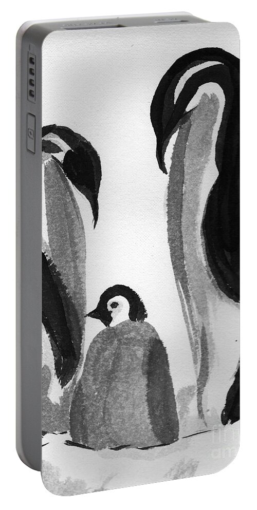 Sumi-e Portable Battery Charger featuring the painting Happy feet -The family of penguins by Asha Sudhaker Shenoy