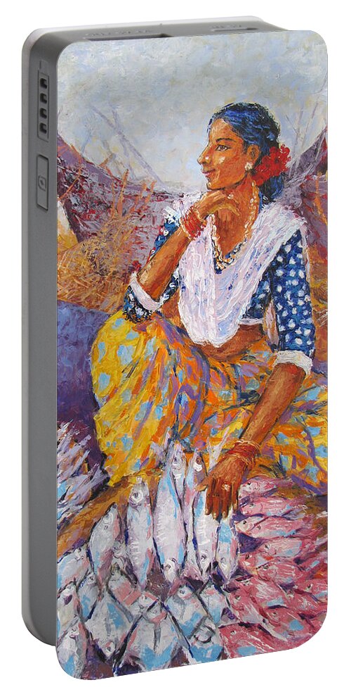 Fish Portable Battery Charger featuring the painting The Fisherwoman by Jyotika Shroff