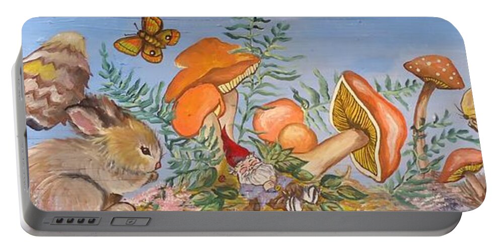 Gnome Portable Battery Charger featuring the painting The Gnome Garden by Leslie Manley