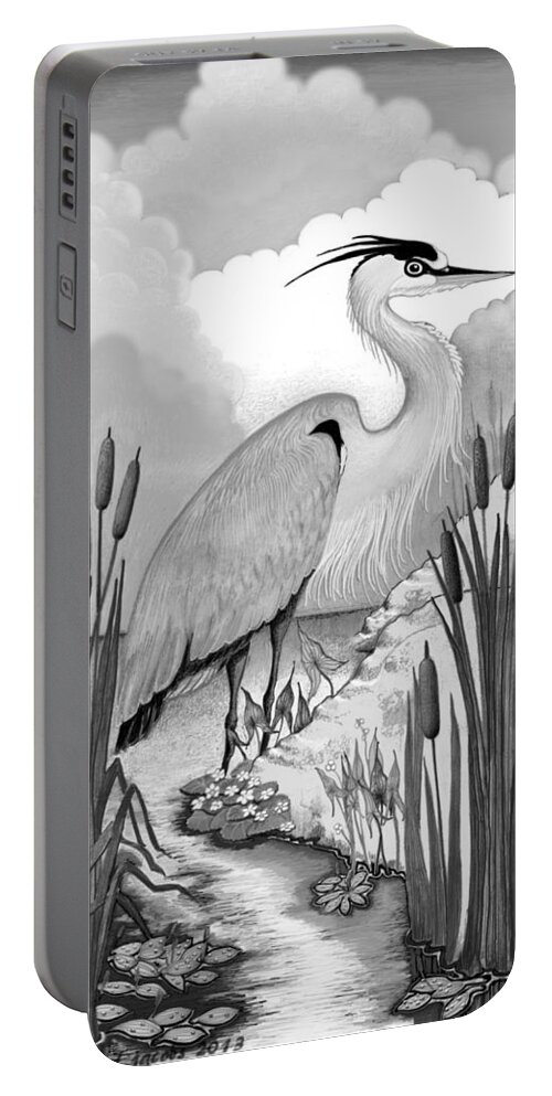 Heron Portable Battery Charger featuring the digital art The Great Blue in Grey by Carol Jacobs