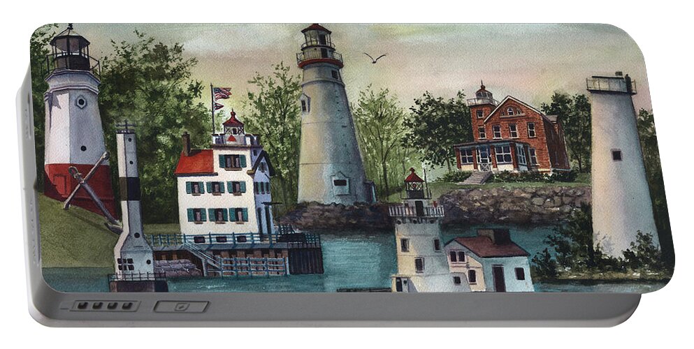 Ohio Lighthouse Painting Portable Battery Charger featuring the painting The Guiding Lights of Ohio by Terri Meyer