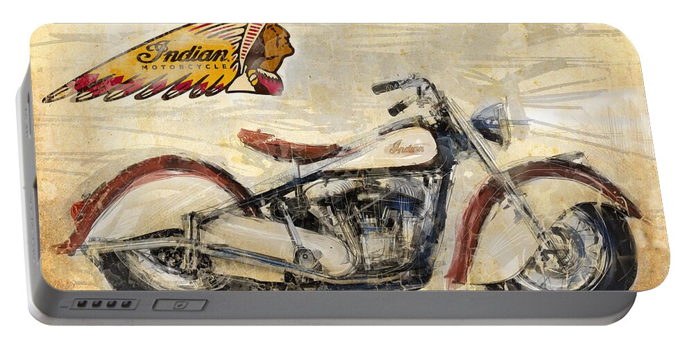 Vintage Indian Motorcycle Portable Battery Charger featuring the mixed media The Indian by Russell Pierce