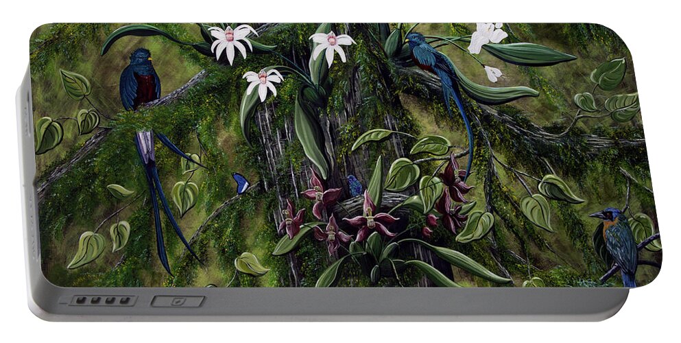 Quetzal Birds Portable Battery Charger featuring the painting The Jungle of Guatemala by Jennifer Lake