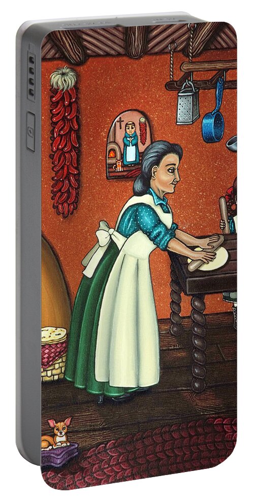 Folk Art Portable Battery Charger featuring the painting The Lesson or Making Tortillas by Victoria De Almeida