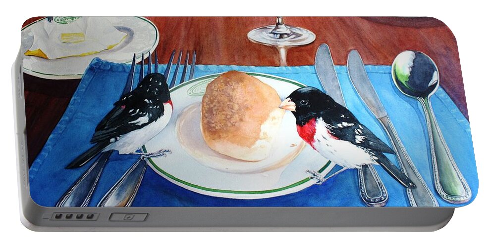  Grosbeak Portable Battery Charger featuring the painting The Local Lunch Crowd by Brenda Beck Fisher