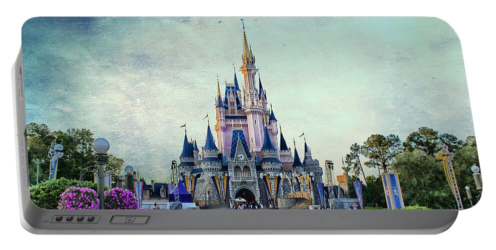 Castle Portable Battery Charger featuring the photograph The Magic Kingdom Castle Disney World On A Beautiful Summer Day Textured Sky by Thomas Woolworth