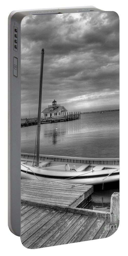 Boats Portable Battery Charger featuring the photograph The Manteo Waterfront 2bw by Mel Steinhauer