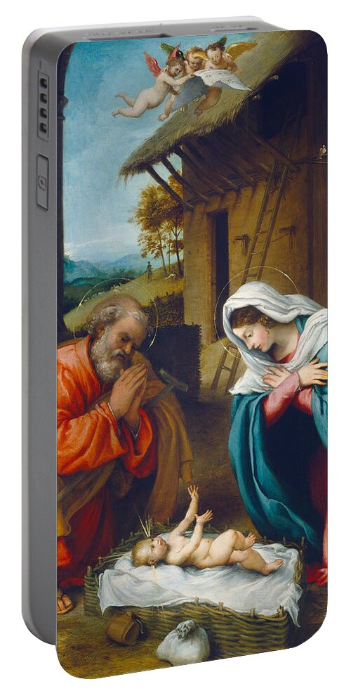 Holy Family; Joseph; Virgin Mary; New Testament; Birth; Jesus; Baby; Stable; Angels; Halo; Praying; Kneeling; Renaissance; Adoration; Boy; Female; Male; Italian; Religion; Christianity; Basket; Life Of Christ; Nativity Portable Battery Charger featuring the painting The Nativity 1523 by Lorenzo Lotto