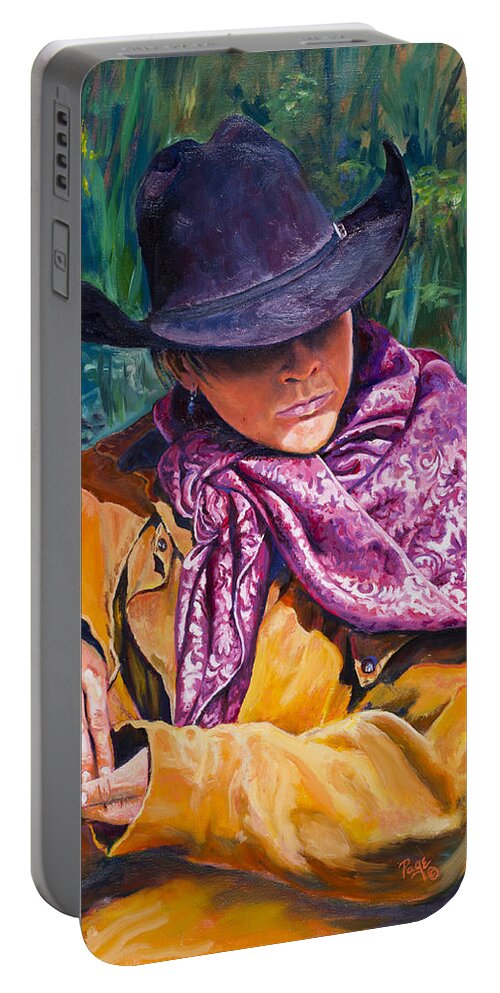 Cowboy Portable Battery Charger featuring the painting The Purple Scarf by Page Holland