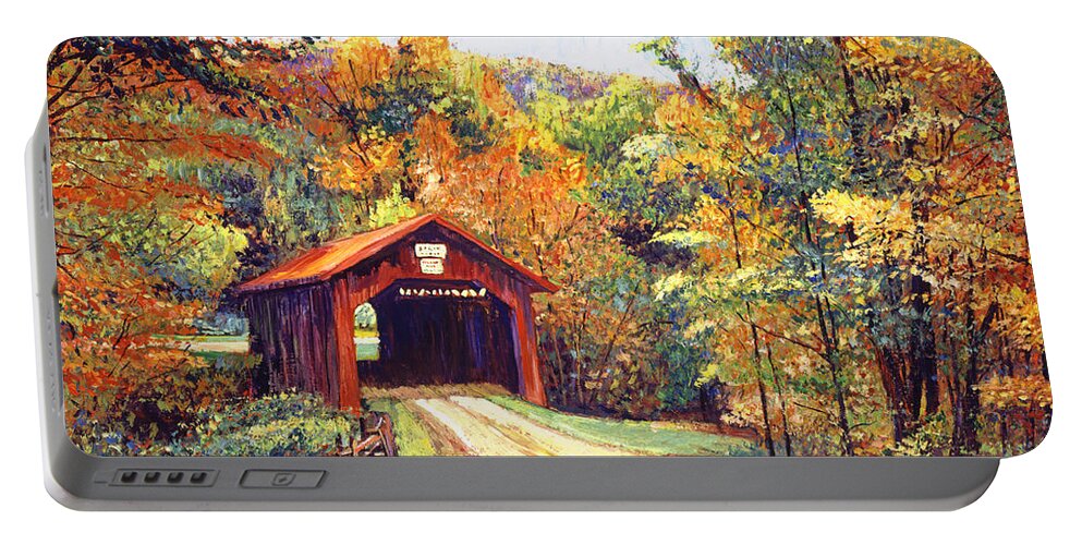 #faatoppicks Portable Battery Charger featuring the painting The Red Covered Bridge by David Lloyd Glover