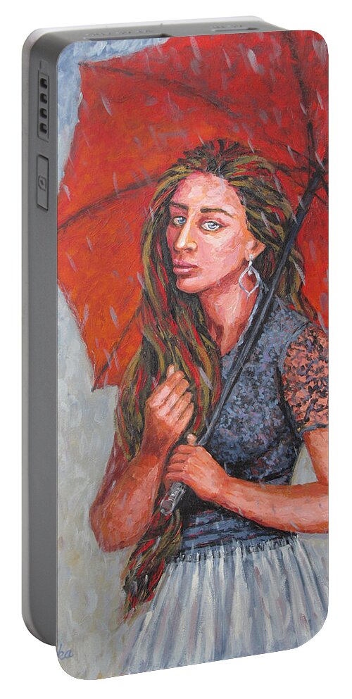 Umbrella Portable Battery Charger featuring the painting The Red Umbrella by Jyotika Shroff