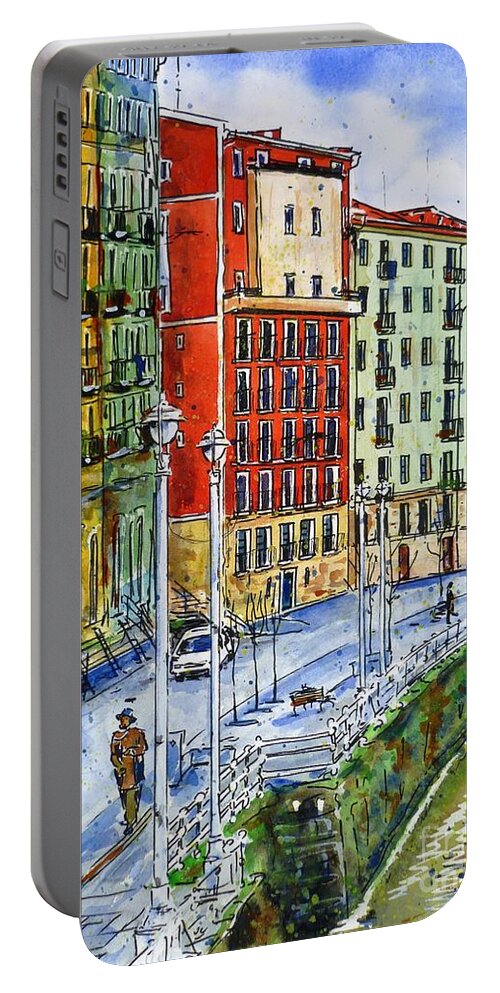 Riverside Houses At Bilbao La Vieja Portable Battery Charger featuring the painting The Riverside Houses at Bilbao La Vieja by Zaira Dzhaubaeva