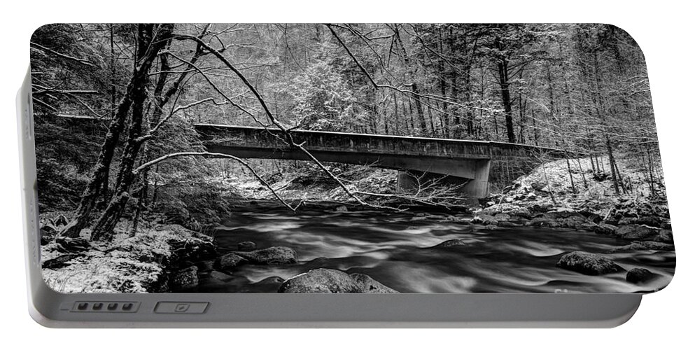 River Black White Portable Battery Charger featuring the photograph The Seasons Promise by Michael Eingle