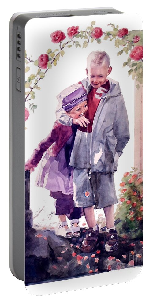 Watercolor Portable Battery Charger featuring the painting Watercolor of a Boy and Girl Playing in their Secret Garden by Greta Corens