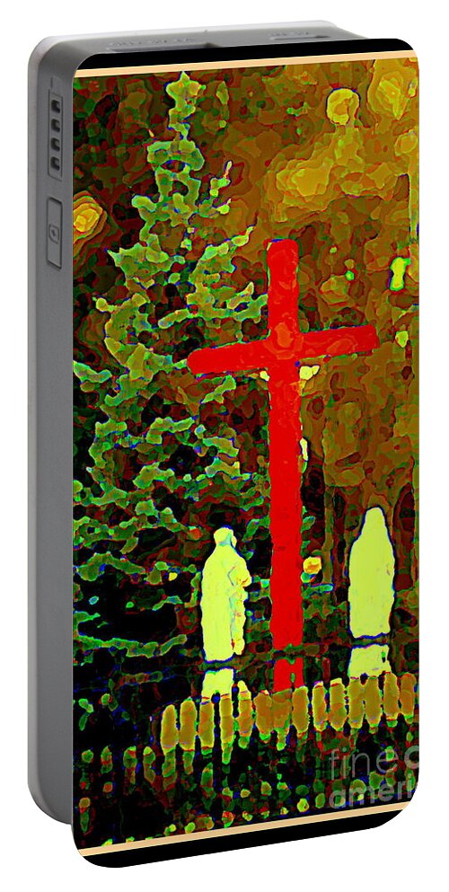  Portable Battery Charger featuring the painting The Single Cross - A Simple Shrine Notre Dame De Lourdes - Red Cross At The Grotto - Carole Spandau by Carole Spandau