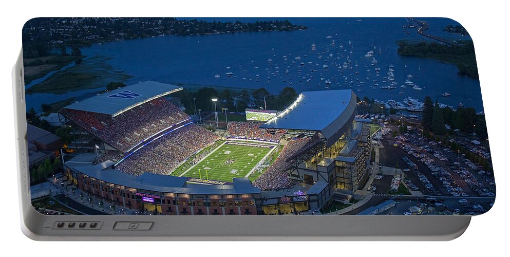 Husky Stadium Portable Battery Charger featuring the photograph Husky Stadium and the Lake by Max Waugh