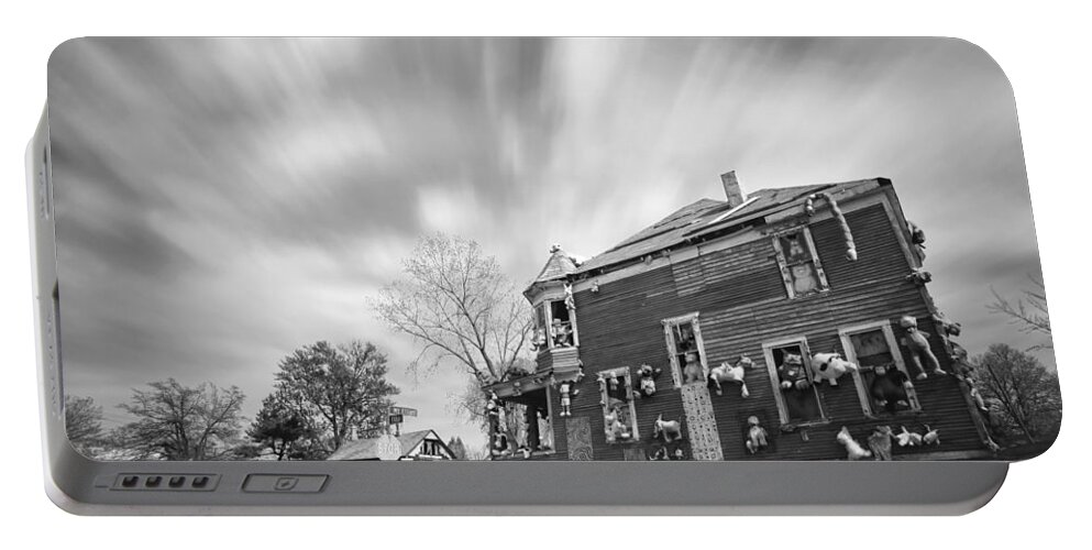 The Portable Battery Charger featuring the photograph The Stuffed Animal Doll House at the Heidelberg Project - Detroit Michigan - BW by Gordon Dean II